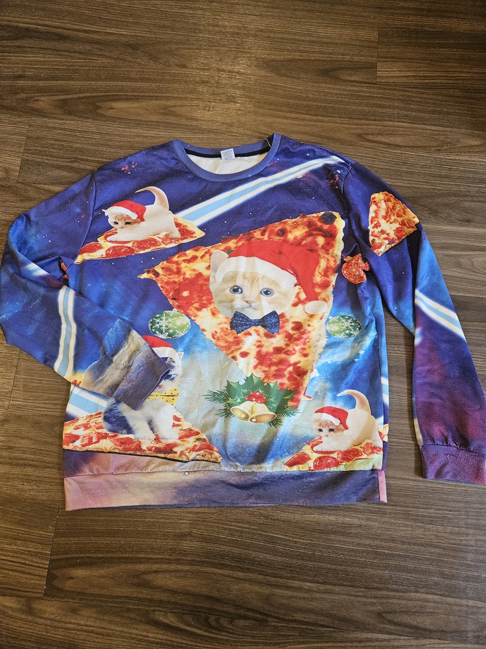 Cat Pizza Christmas Galaxy Ugly Christmas Sweatshirt 2XL